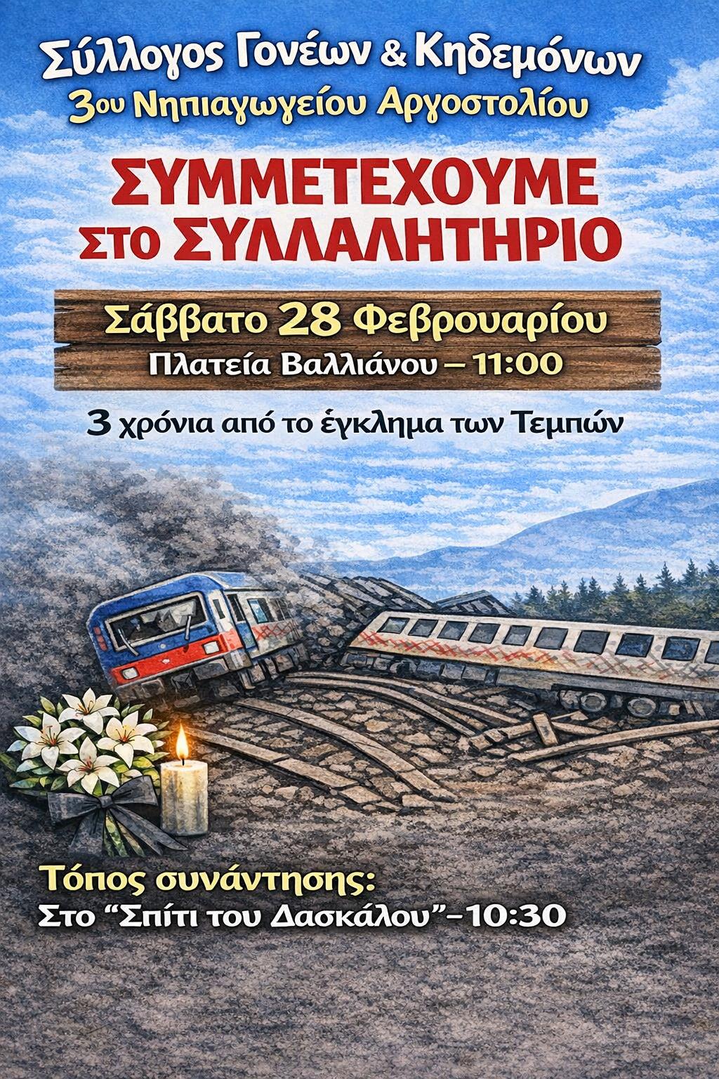 Κάλεσμα Συλλόγου γονέων & κηδεμόνων 3ου νηπιαγωγείου Αργοστολίου-Όχι άλλα Τέμπη